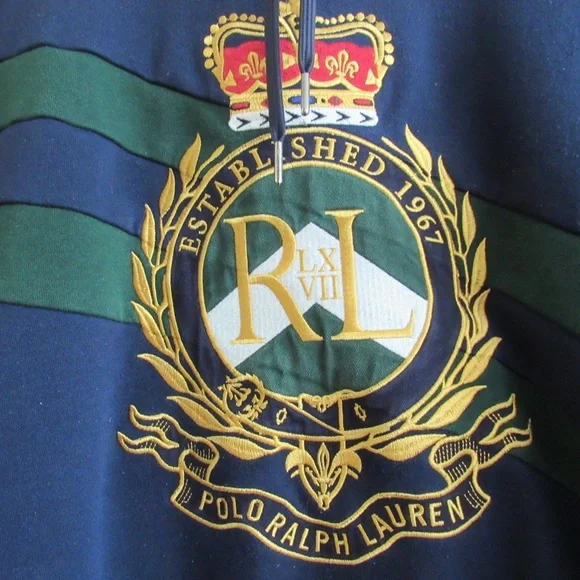 Polo Ralph Lauren Men’s Navy Blue Gold Crest Double Knit Hoodie Sweatshirt Small - Picture 9 of 12